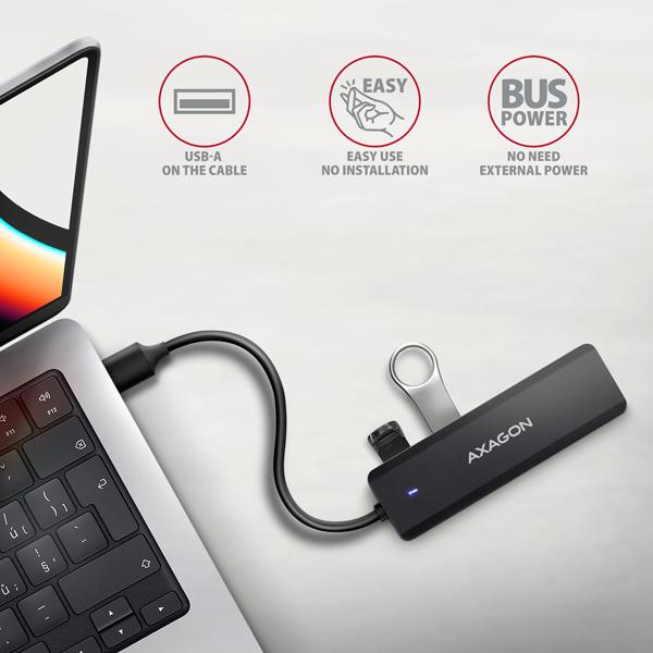 AXAGON HUE-C1A, 4x USB 5Gbps TRAVEL hub, USB-C napájací konektor, kábel USB-A 19cm4
