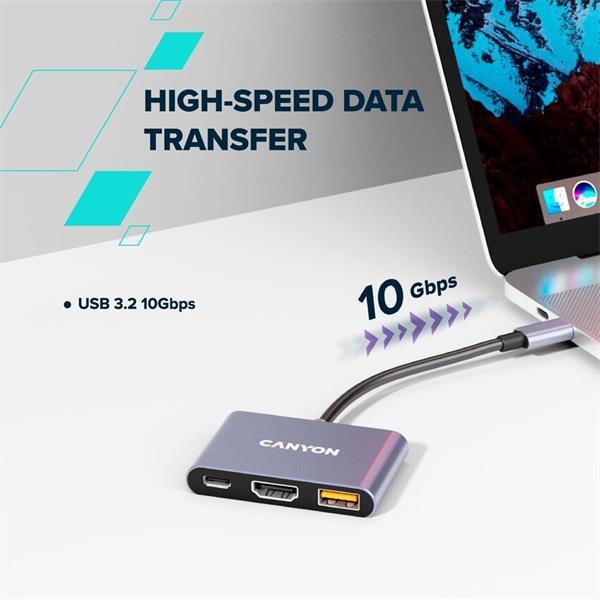 Canyon DS-4, USB-C HUB, 3 porty. 1xUSB-C, 1xUSB 3.2, 1xHDMI, 4K display support, 100W fast charging, 10Gbps10
