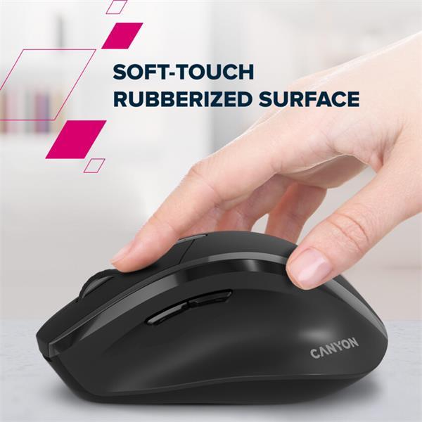 Canyon OnClick 17, ergonomická bezdrôtová optická myš pre pravákov, USB prijímač, 6 tlačidiel, 800/1200/1600 DPI, čierna15
