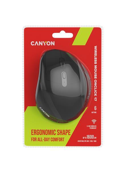 Canyon OnClick 17, ergonomická bezdrôtová optická myš pre pravákov, USB prijímač, 6 tlačidiel, 800/1200/1600 DPI, čierna26