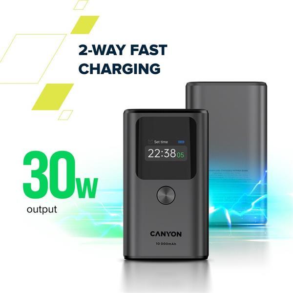 Canyon OnPower 130, Powerbank, 10.000 mAh, displej, in: USB-C, out: 2x USB-C /USB-A, 30W, hodiny/budík/teplomer10