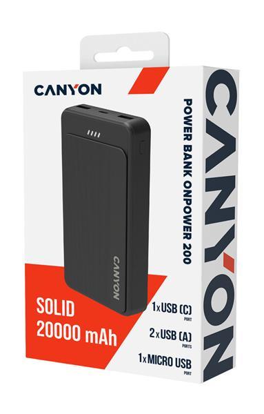 Canyon OnPower 200, Powerbank, 20.000 mAh, LED indikátor, in: 1x USB-C/1x microUSB, out: 1x USB-C a 2x USB-A 1