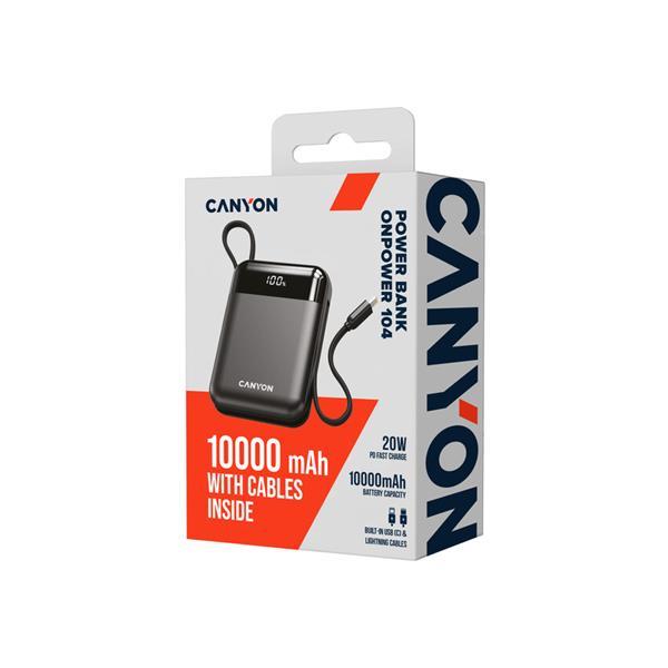 Canyon OnPower 104, powerbanka 10 000 mAh, 22.5 W, USB-C / USB-A, integrované káble USB-C + Lightning, čierna21