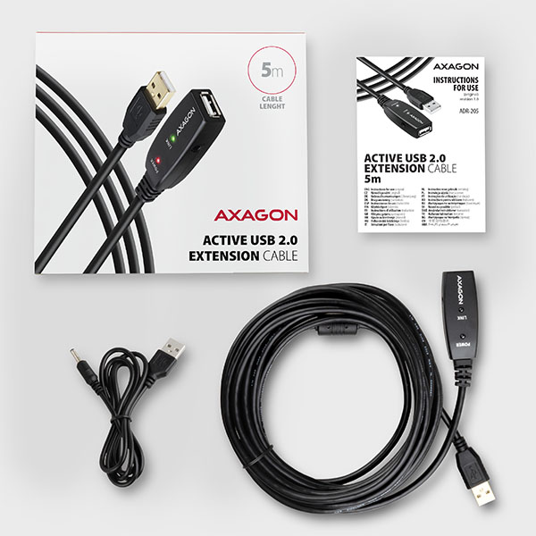 AXAGON ADR-205, USB 2.0 A-M -> A-F aktívny predlžovací / repeater kábel, 5m13 