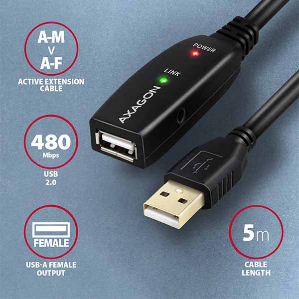 AXAGON ADR-205, USB 2.0 A-M -> A-F aktívny predlžovací / repeater kábel, 5m8 