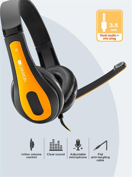 Canyon HSC-1, PC Headset, slúchadla s mikrofónom, 1 x 3.5mm jack komb., ovládanie na kábli, 2 m, čierno-žlté6 