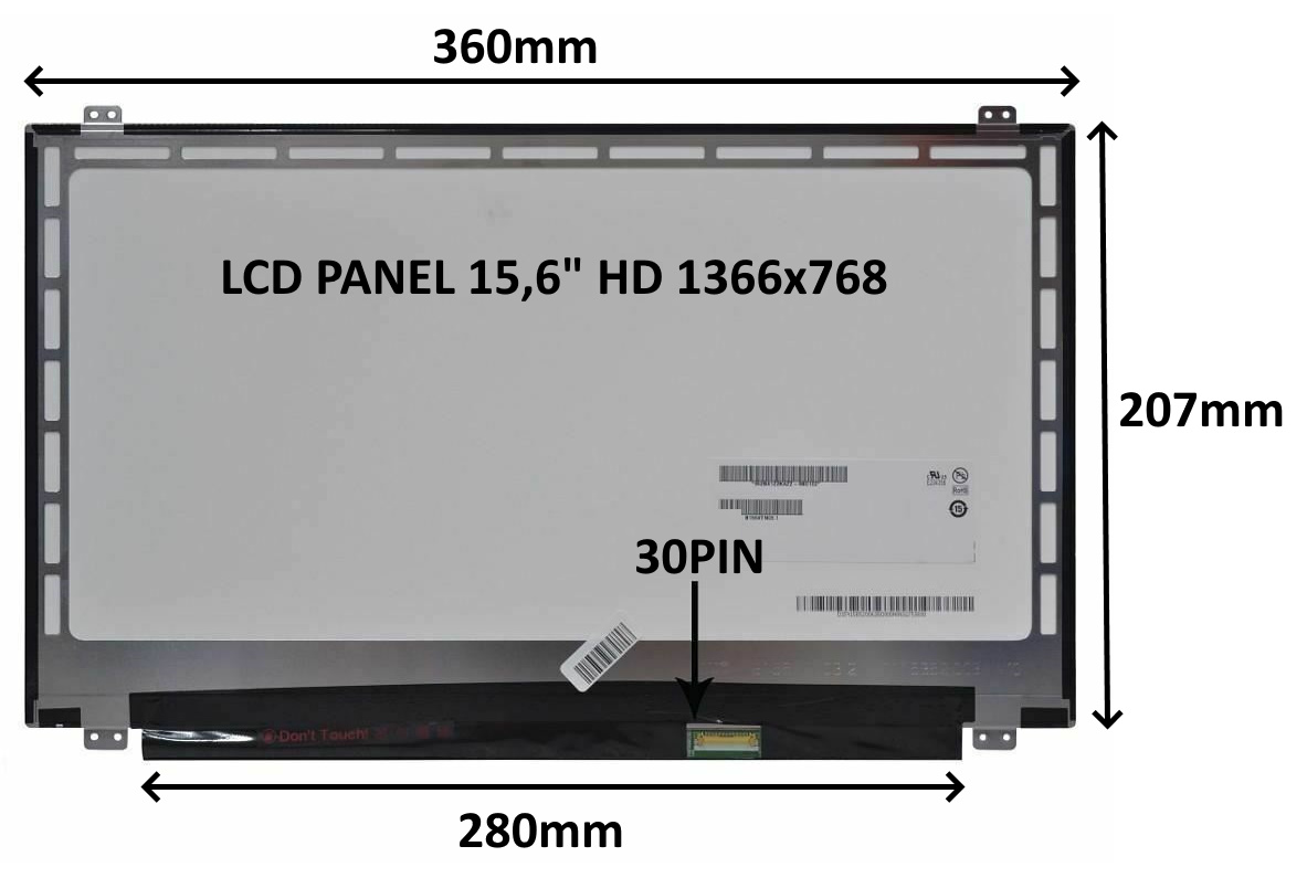 LCD PANEL 15, 6" HD 1366x768 30PIN MATNÝ / ÚCHYTY NAHOŘE A DOLE0 