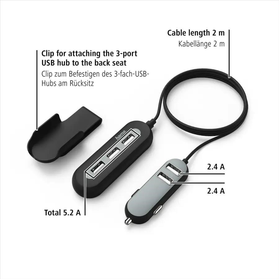 Nabíjačka Hama USB do vozidla 2+3, AutoDetect, 10 A, 2 m4 