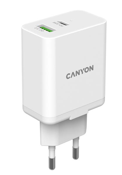 Canyon H-20-03, vysokorýchlostná univerzálna nabíjačka do steny 1xUSB-C, 20W, PD + 1xUSB-A, 18W, QC-31 