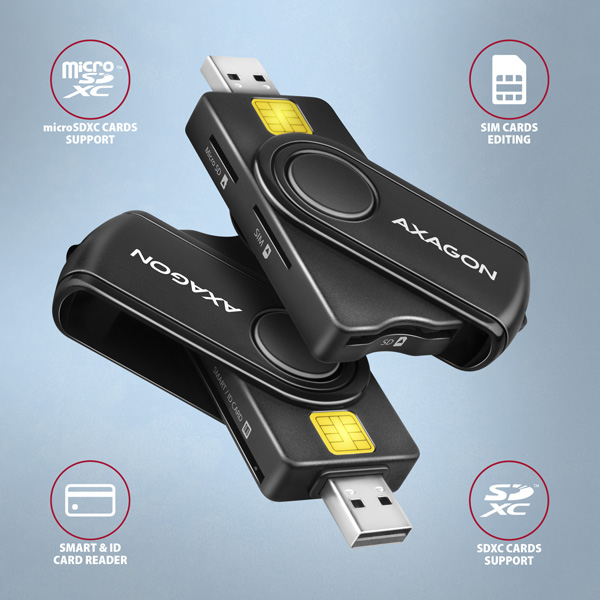 AXAGON CRE-SMP2A, USB-A + USB-C PocketReader 4-slot čítačka Smart card (eObčanka) + SD/ microSD/ SIM2 