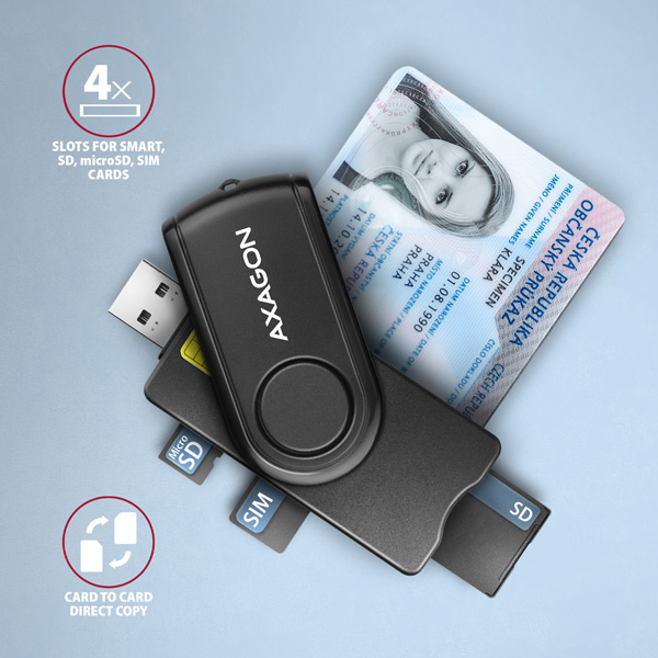 AXAGON CRE-SMP2A, USB-A + USB-C PocketReader 4-slot čítačka Smart card (eObčanka) + SD/ microSD/ SIM4 