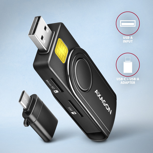 AXAGON CRE-SMP2A, USB-A + USB-C PocketReader 4-slot čítačka Smart card (eObčanka) + SD/ microSD/ SIM5 