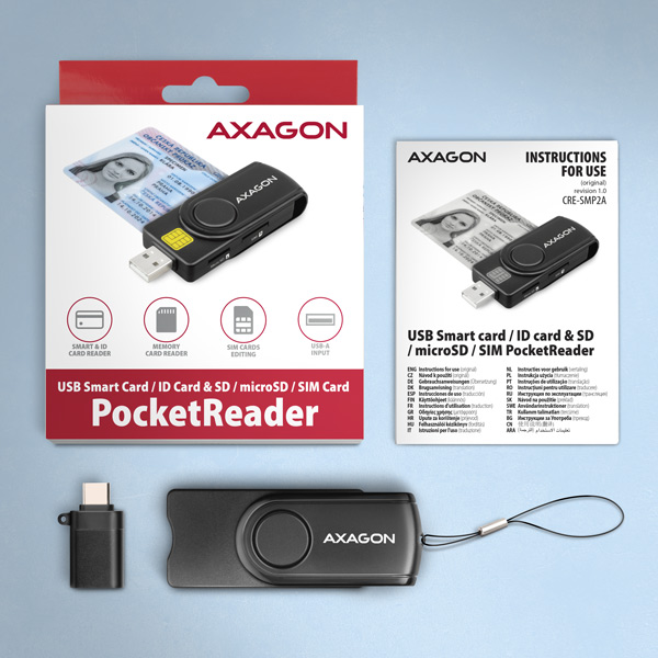 AXAGON CRE-SMP2A, USB-A + USB-C PocketReader 4-slot čítačka Smart card (eObčanka) + SD/ microSD/ SIM7 
