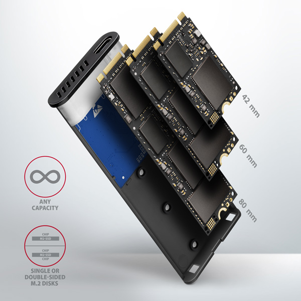 AXAGON EEM2-SB2, USB-C 3.2 Gen 2 - M.2 NVMe & SATA SSD kovový RAW box, bezskrutkový, čierny12 