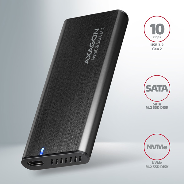 AXAGON EEM2-SB2, USB-C 3.2 Gen 2 - M.2 NVMe & SATA SSD kovový RAW box, bezskrutkový, čierny1 
