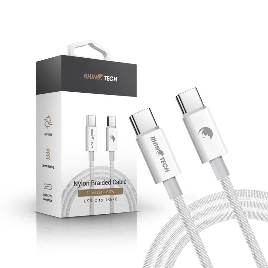 RhinoTech kabel s nylonovým opletem USB-C na USB-C 60W 1M bílá0 