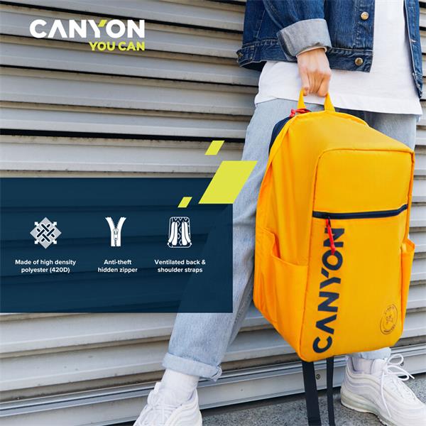 Canyon CSZ-02, batoh na notebook - palubovka, do veľkosti 15,6",  mechanizmus proti zlodejom, 20l, žltý9 