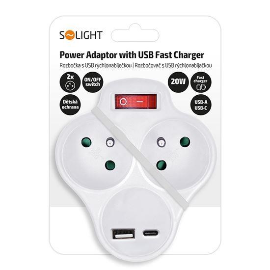 Solight rozbočka s USB A+C rychlonabíječkou 20W PD,  2 x 10A,  bílá,  vypínač2 