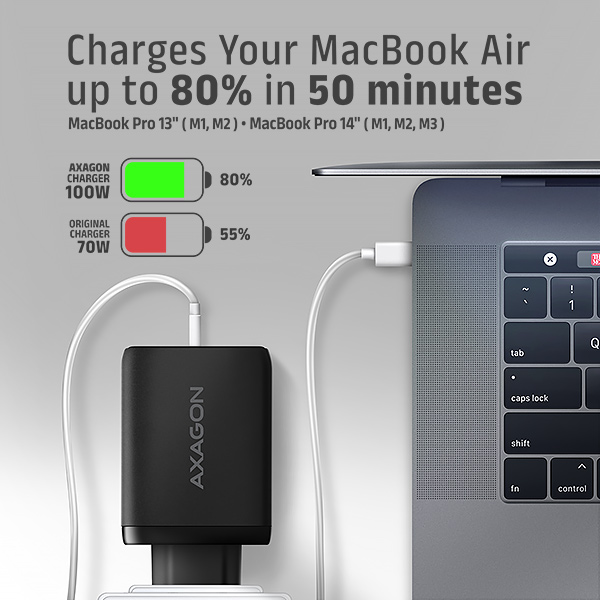 AXAGON ACU-DPQ100, GaN nabíjačka do siete 100W, 3x port (USB-A + dual USB-C), PD3.0/ PPS/ QC4+/ Apple4 