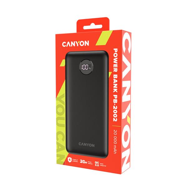 Canyon PB-2002, Powerbank, Li-Pol, 20.000 mAh, Digitálny displej, Vstup: 1x USB-C, Výstup: 1x USB-C a 2x USB-A, čierna2 