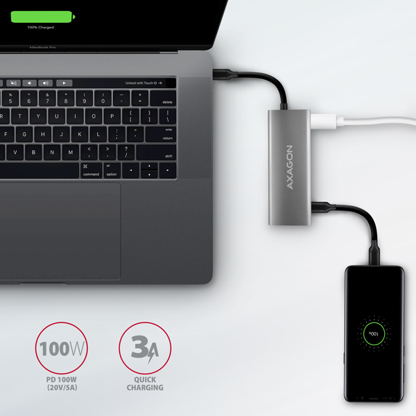 AXAGON HMC-5G2, USB 10Gbps hub, porty 2x USB-A, 2x USB-C, HDMI 4k/ 60, PD 100W, kábel USB-C 13cm14 