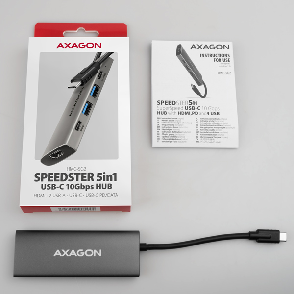 AXAGON HMC-5G2, USB 10Gbps hub, porty 2x USB-A, 2x USB-C, HDMI 4k/ 60, PD 100W, kábel USB-C 13cm16 