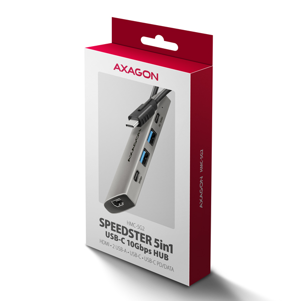 AXAGON HMC-5G2, USB 10Gbps hub, porty 2x USB-A, 2x USB-C, HDMI 4k/ 60, PD 100W, kábel USB-C 13cm15 
