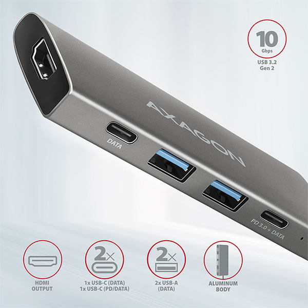 AXAGON HMC-5G2, USB 10Gbps hub, porty 2x USB-A, 2x USB-C, HDMI 4k/ 60, PD 100W, kábel USB-C 13cm2 