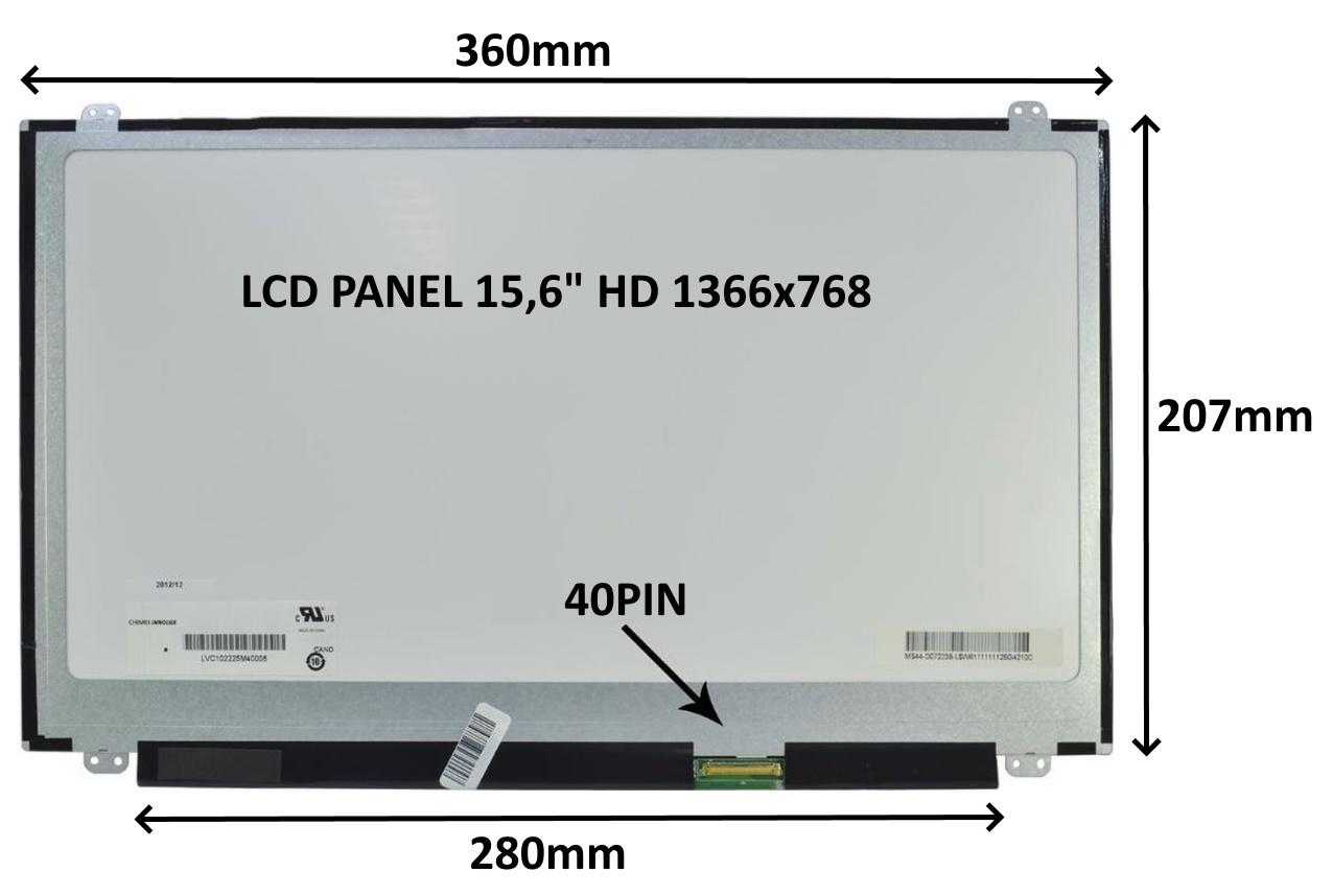 LCD PANEL 15, 6" HD 1366x768 40PIN MATNÝ / ÚCHYTY HORE A DOLE0 
