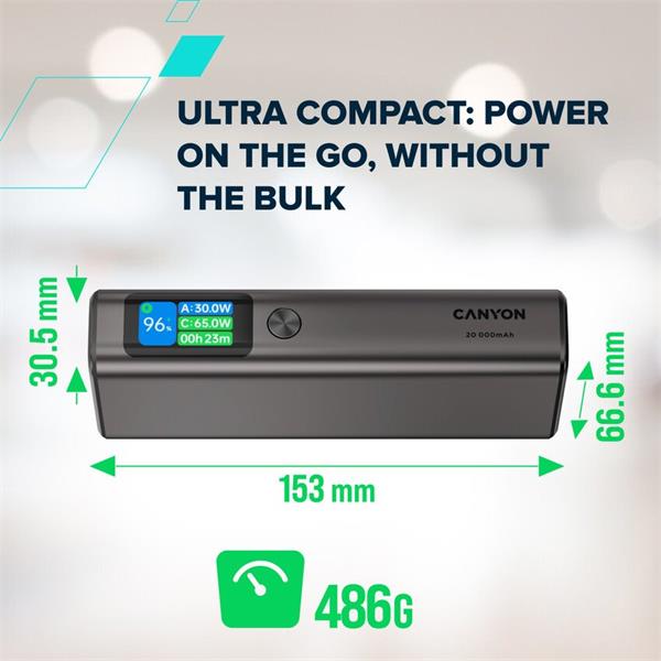 Canyon OnPower 230, Powerbank, 20.000 mAh, displej, in: USB-C, out: 2x USB-C /USB-A, 130W, hodiny/budík/teplomer7 
