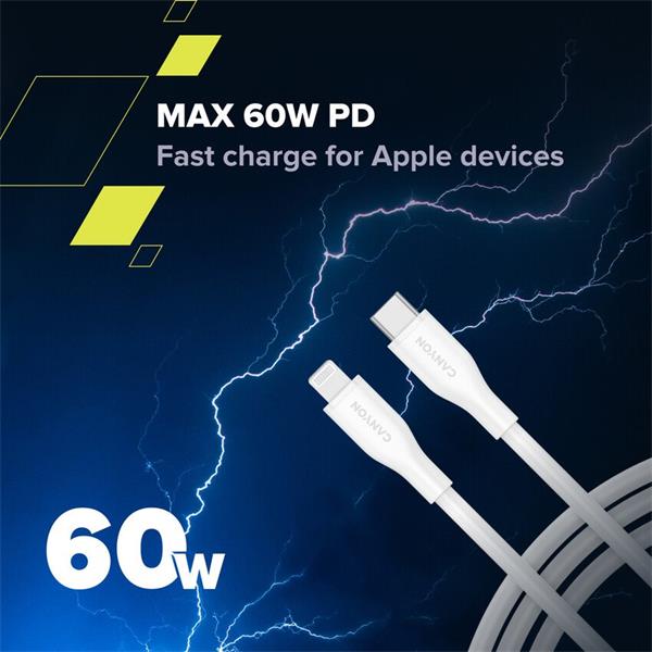 Canyon CLNM60SC10, 1 m kábel, USB-C / Lighting, MFi Apple schválený, 60 W, 480 Mbps, silikónový, biely1 