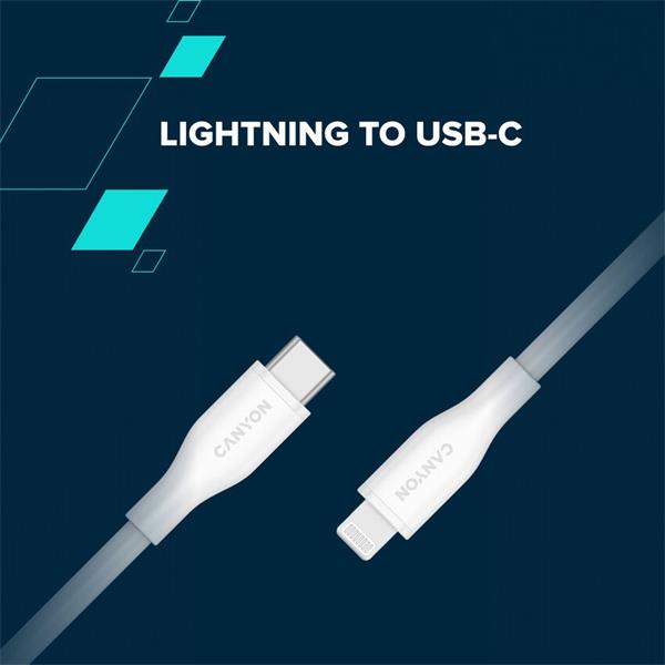 Canyon CLNM60SC10, 1 m kábel, USB-C / Lighting, MFi Apple schválený, 60 W, 480 Mbps, silikónový, biely8 