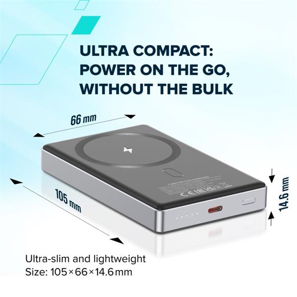Canyon OnCharge 510, Powerbank, 10.000 mAh, in: USB-C, out: USB-C PD 20W + Wireless Magnet 15W, štíhla, šedá11 