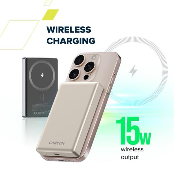 Canyon OnCharge 510, Powerbank, 10.000 mAh, in: USB-C, out: USB-C PD 20W + Wireless Magnet 15W, štíhla, šedá12 