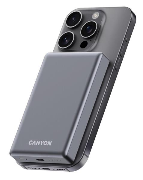 Canyon OnCharge 510, Powerbank, 10.000 mAh, in: USB-C, out: USB-C PD 20W + Wireless Magnet 15W, štíhla, šedá5 