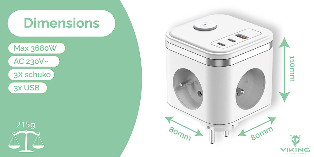 Sieťový adaptér VIKING Y33, biela/ Output:3xAC, 1xUSB-A, 2xUSB-C/ Tlačidlo ON/ OFF2 
