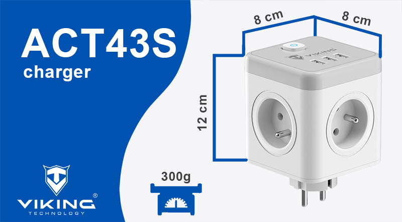 Sieťový adaptér Viking ACT43S/ Output:4xAC, 3xUSB-A/ Tlačidlo ON/ OFF9 