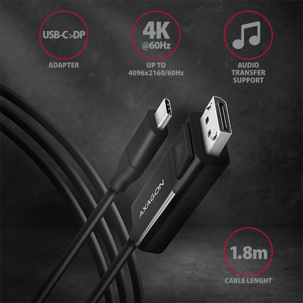 AXAGON RVC-DPC, USB-C -> DisplayPort redukcia / kábel 1.8m, 4K/ 60Hz2 