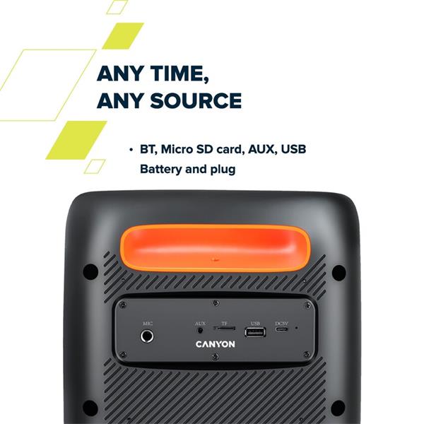 Canyon OnFun 5, PBSP-5, prenosný Bluetooth Párty reproduktor s ekvalizérom a RGB osvetlením7 