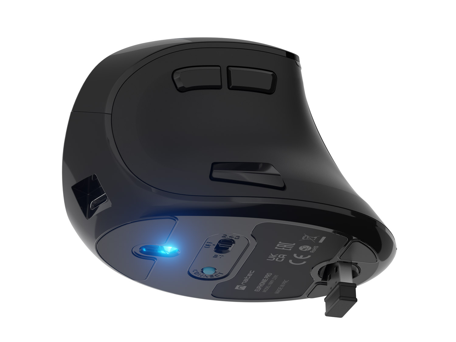 Vertikálna bezdrôtová myš Natec EUPHONIE PRO/ Vertikálna/ Blue Sense/ Pre pravákov/ 4 000 DPI/ USB+BT/ Čier1 