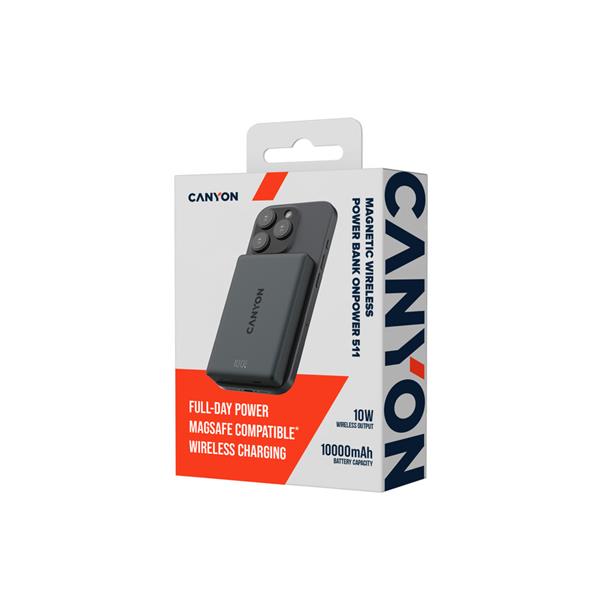 Canyon OnPower 511, Powerbank, 10.000 mAh, 20W USB-C, MagSafe 15W Bezdrôtové nabíjanie, displej, čierna12 