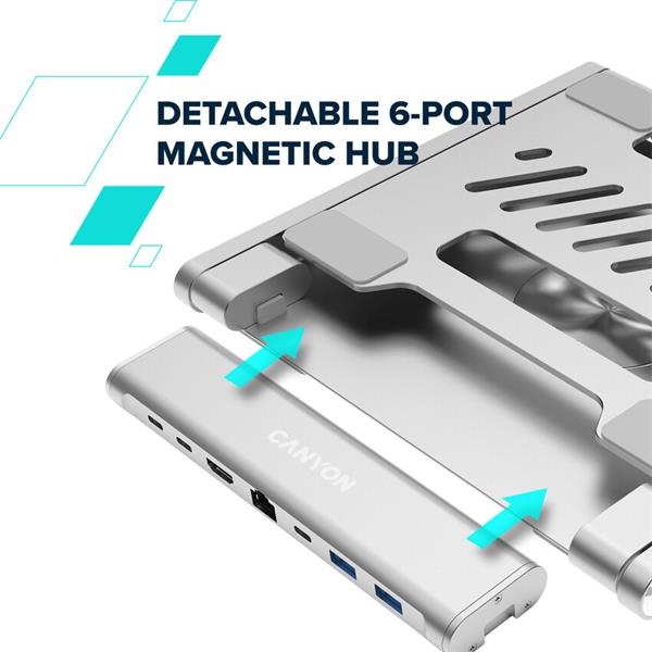 Canyon OnStand 2, Stojan na notebook s odnímateľným magnetickým hubom 6v120 