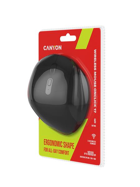 Canyon OnClick 17, ergonomická bezdrôtová optická myš pre pravákov, USB prijímač, 6 tlačidiel, 800/1200/1600 DPI, čierna24 