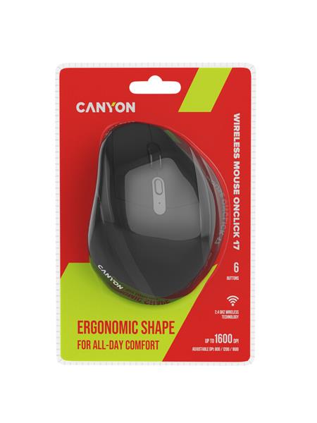 Canyon OnClick 17, ergonomická bezdrôtová optická myš pre pravákov, USB prijímač, 6 tlačidiel, 800/1200/1600 DPI, čierna26 