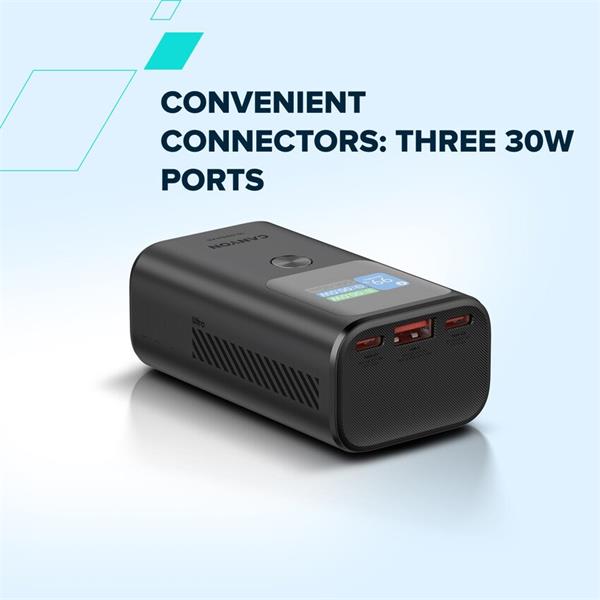 Canyon OnPower 130, Powerbank, 10.000 mAh, displej, in: USB-C, out: 2x USB-C /USB-A, 30W, hodiny/budík/teplomer5 