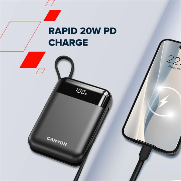 Canyon OnPower 104, powerbanka 10 000 mAh, 22.5 W, USB-C / USB-A, integrované káble USB-C + Lightning, čierna1 