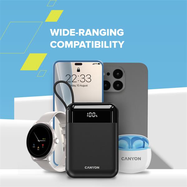 Canyon OnPower 104, powerbanka 10 000 mAh, 22.5 W, USB-C / USB-A, integrované káble USB-C + Lightning, čierna5 