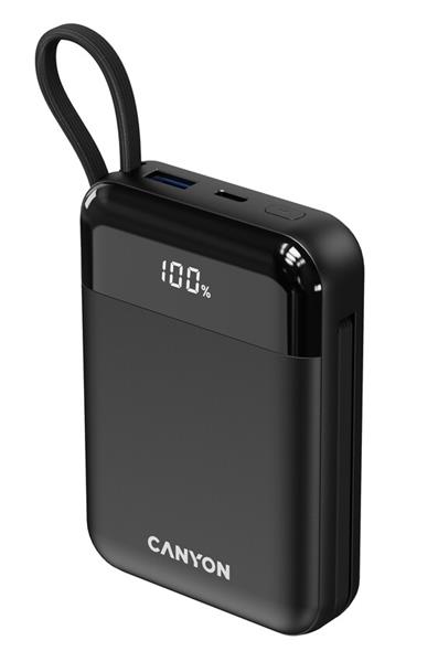 Canyon OnPower 104, powerbanka 10 000 mAh, 22.5 W, USB-C / USB-A, integrované káble USB-C + Lightning, čierna23 