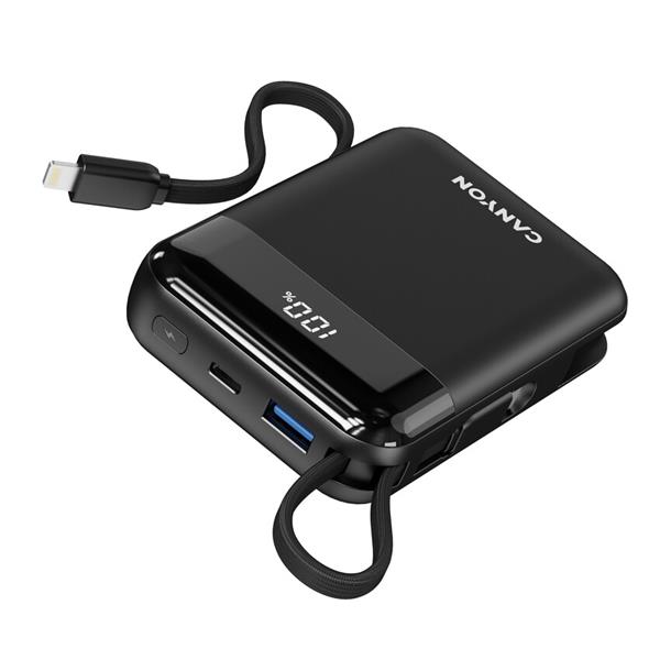 Canyon OnPower 104, powerbanka 10 000 mAh, 22.5 W, USB-C / USB-A, integrované káble USB-C + Lightning, čierna25 