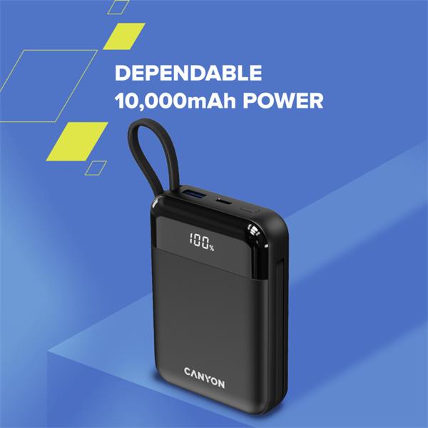 Canyon OnPower 104, powerbanka 10 000 mAh, 22.5 W, USB-C / USB-A, integrované káble USB-C + Lightning, čierna27 